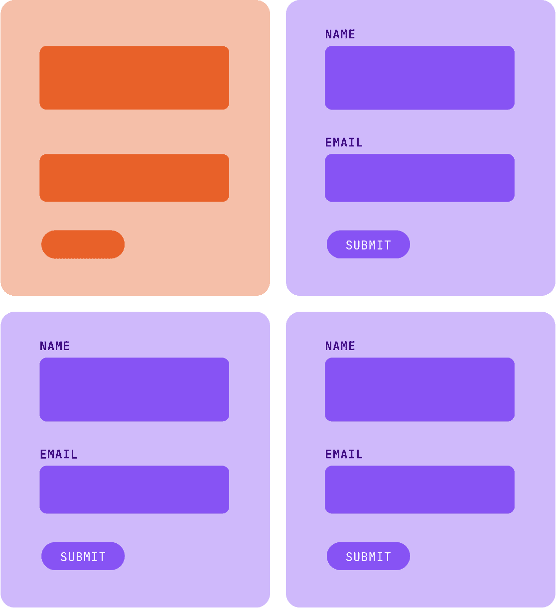 1 broken form and 3 forms with labels like Name and Email to represent 1 in 4  forms that are missing clear labels.