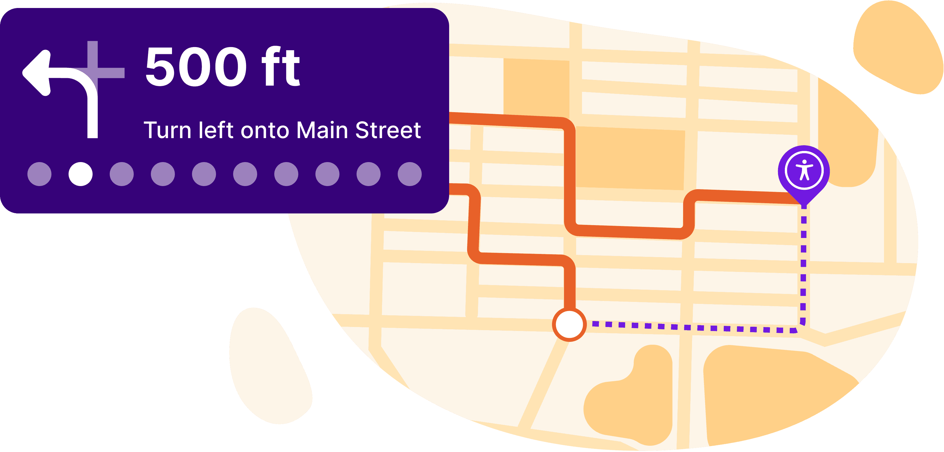 Stylized map with a turn-by-turn directions interface that reads in 500 feet, turn left onto Main street.